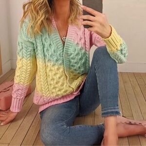 Ellie Mae Ombré Cable Knit Oversized Cardigan Pastel Cotton Sz S Cozy Spring